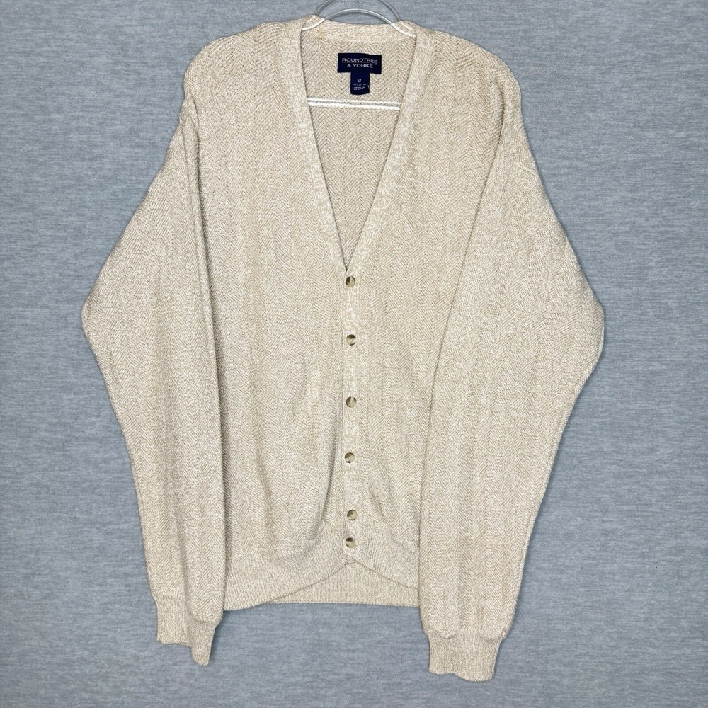 Roundtree & Yorke Mens Beige Grandpa Cotton‎ V-Neck Cardigan Sweater LT Large